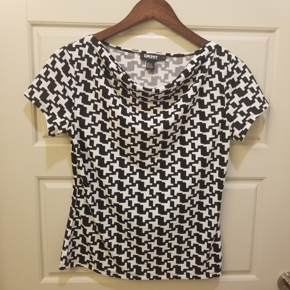 DKNY Black And White Print Career Top Sz P Small